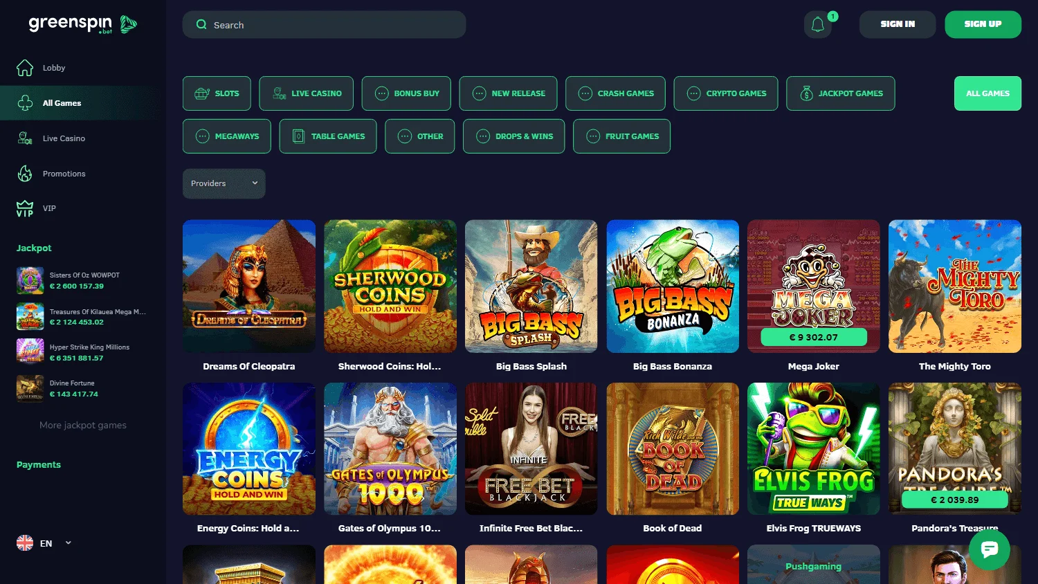 Greenspin Casino desktop games area with pokies and casino game categories