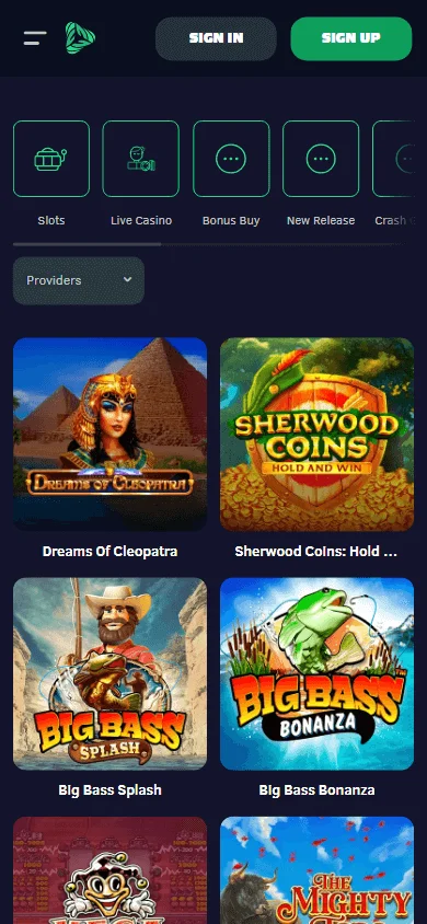 Greenspin Casino mobile browser games area with pokies and casino categories