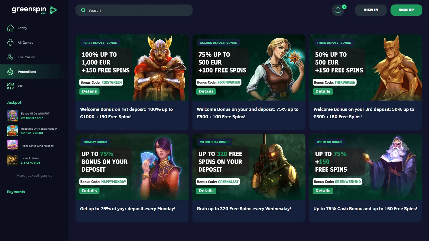 Greenspin Casino desktop promotions area showing the Australian welcome offer