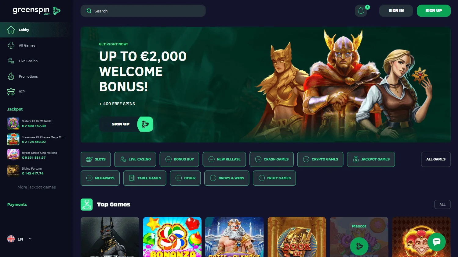 Greenspin Casino desktop home screen with casino navigation and game categories